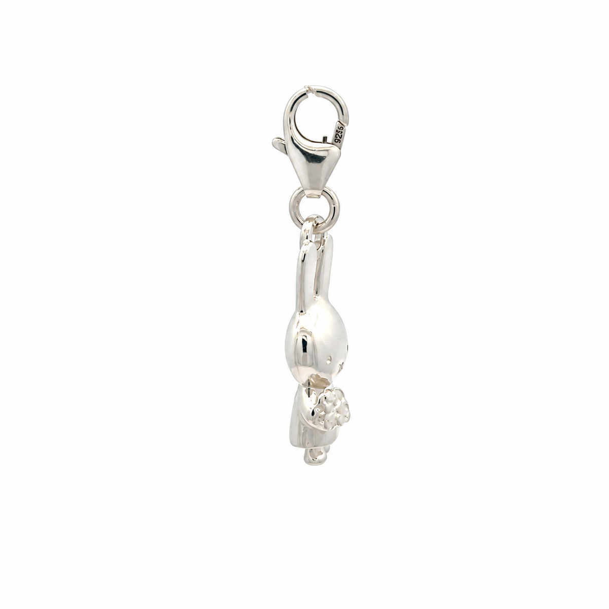 Side profile of the Miffy Holding Flowers sterling silver charm showing the miniature bunny pendant and clip-on clasp.