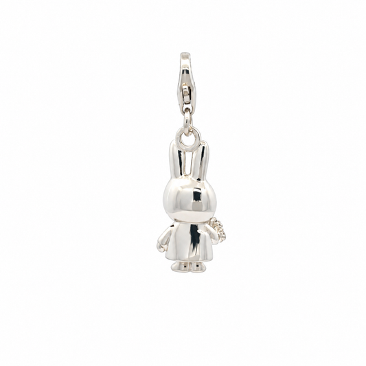 Miffy Holding Flowers Clip-On Charm in sterling silver, featuring Miffy carrying a detailed bouquet of flowers with a lobster clasp fastening.