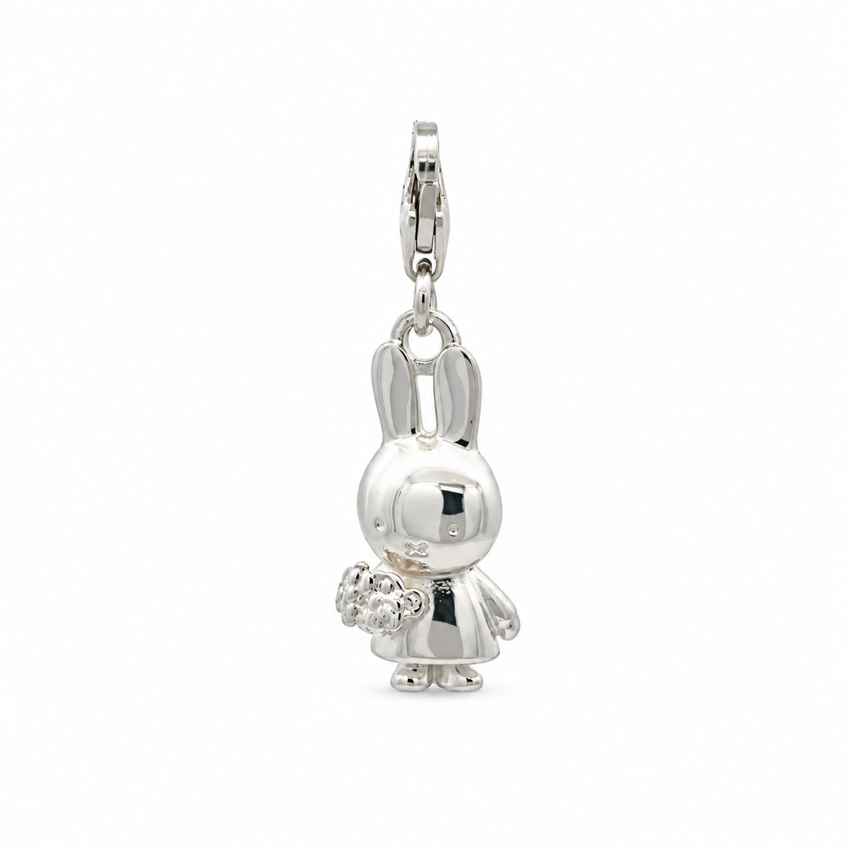 Sterling silver Miffy Holding Flowers clip-on charm featuring Miffy carrying a detailed bouquet of flowers with a lobster clasp fastening.