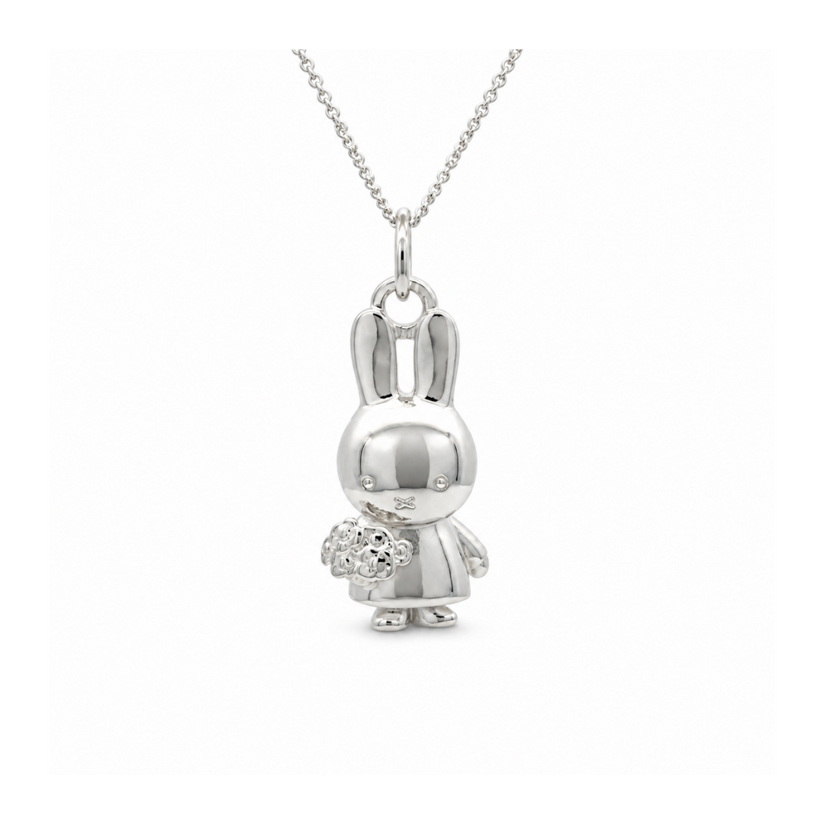 Close-up Sterling silver Miffy necklace featuring Miffy holding a bouquet of flowers
