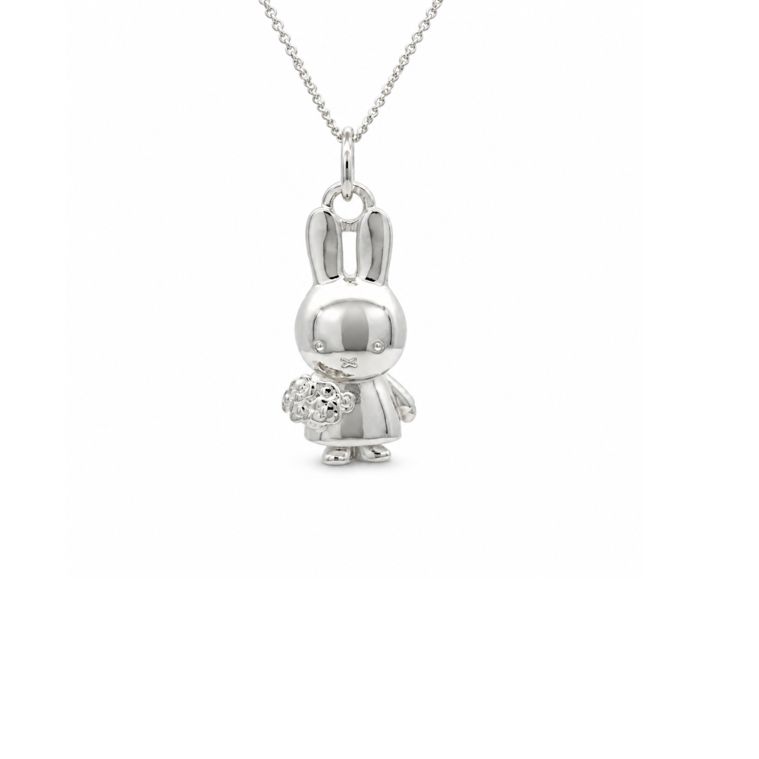 Sterling silver Miffy necklace featuring Miffy holding a bouquet of flowers