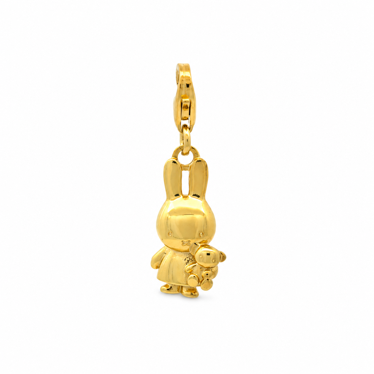 Miffy Holding Teddy clip-on charm in 18ct gold vermeil, featuring a detailed 3D Miffy bunny cuddling her teddy bear with a gold lobster clasp.