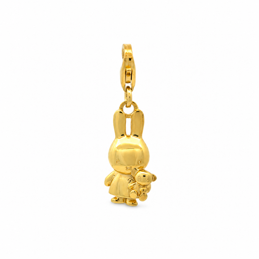 Miffy Holding Teddy clip-on charm in 18ct gold vermeil, featuring a detailed 3D Miffy bunny cuddling her teddy bear with a gold lobster clasp.