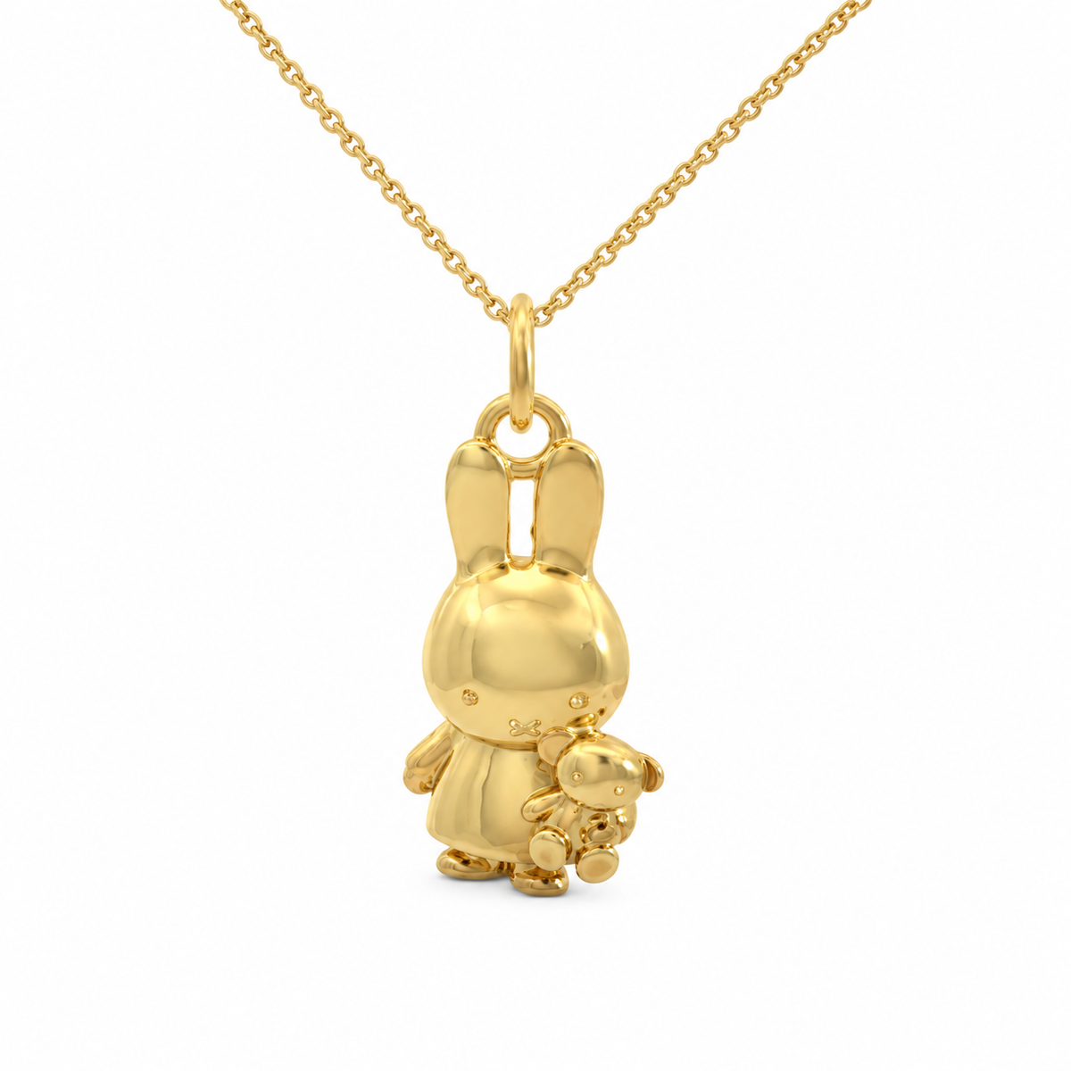 Miffy Holding Teddy Necklace in 18ct gold vermeil featuring a detailed 3D Miffy pendant cuddling her teddy bear on a gold chain.