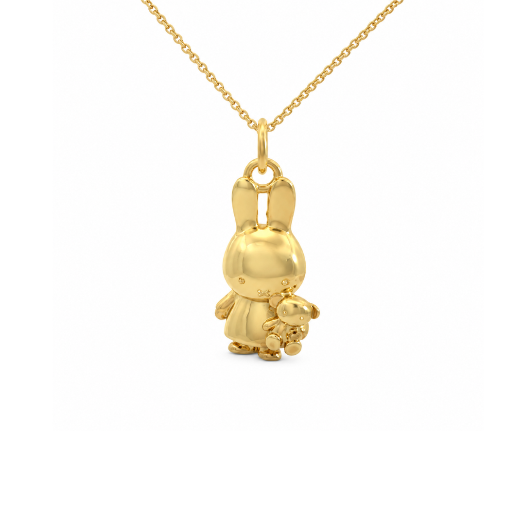 Miffy Holding Teddy Necklace in 18ct gold vermeil featuring a gold Miffy bunny pendant cuddling a tiny teddy bear on a matching chain.
