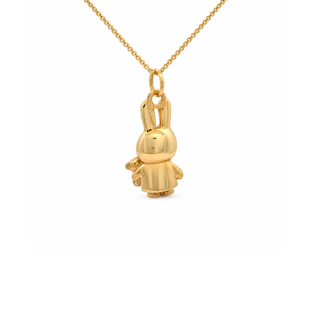 Front close-up of the gold vermeil Miffy Holding Teddy Necklace showing Miffy's long ears, sweet expression and miniature teddy bear.