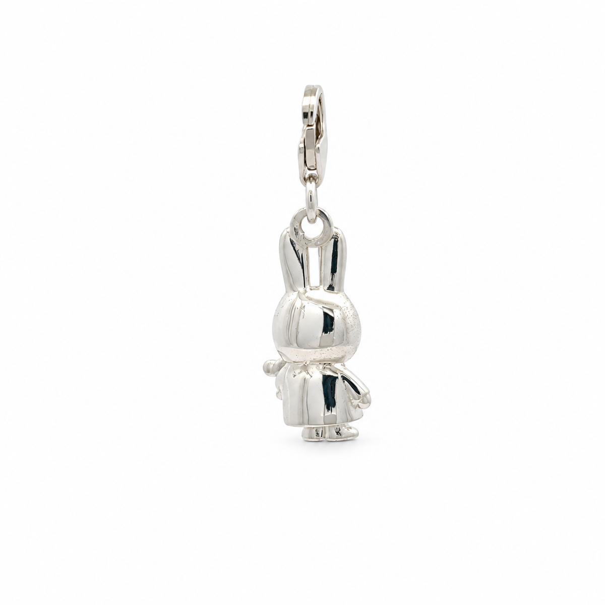 Full-length view of the sterling silver Miffy Holding Teddy charm showing the miniature bunny, teddy bear and clip-on fastening.
