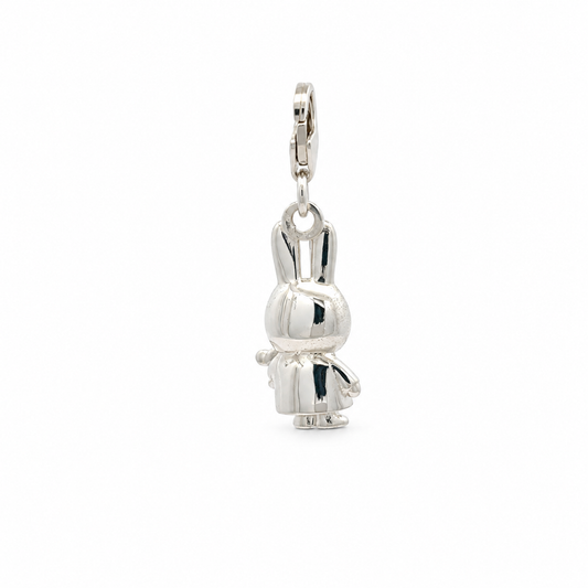 Full-length view of the sterling silver Miffy Holding Teddy charm showing the miniature bunny, teddy bear and clip-on fastening.