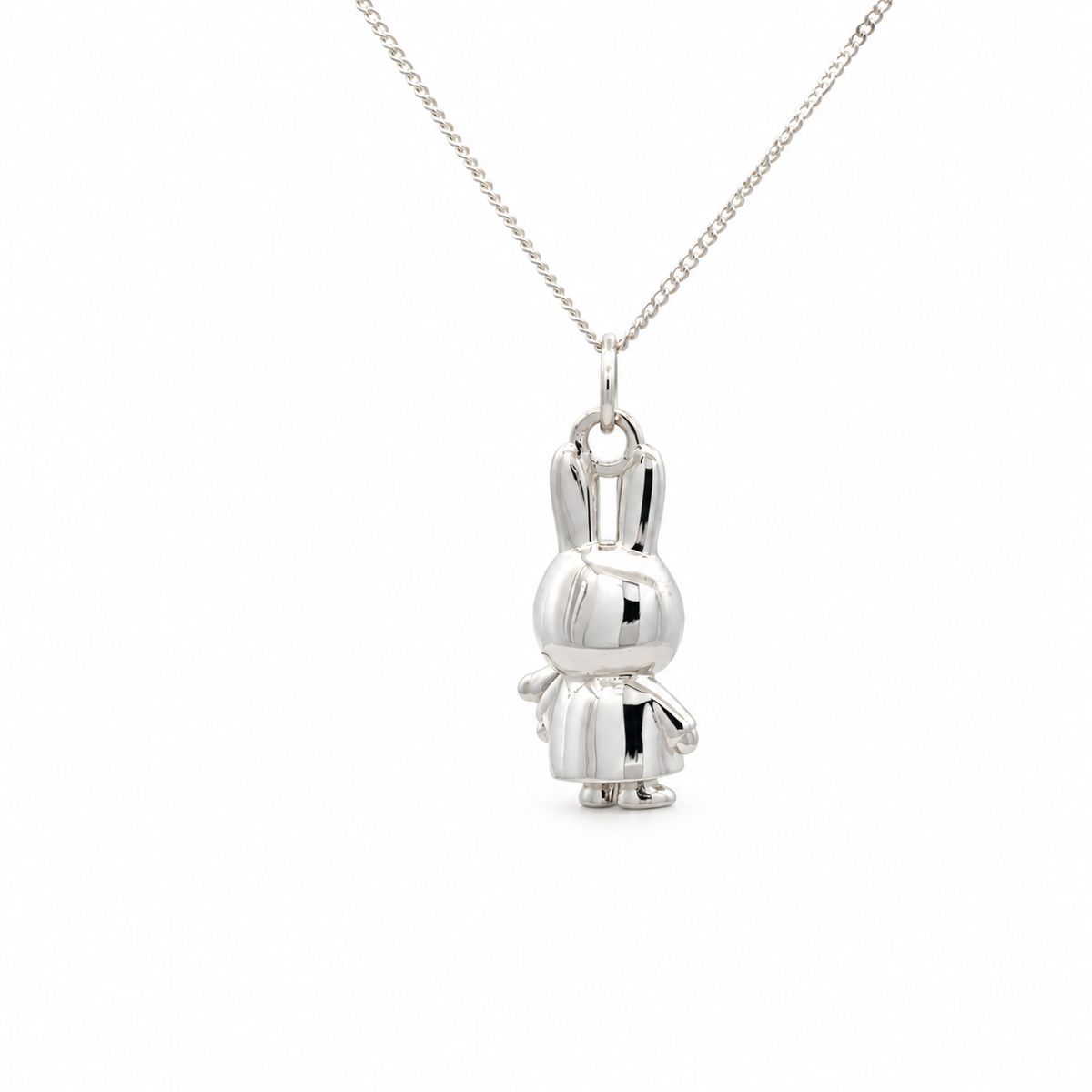 Sterling silver Miffy Holding Teddy Necklace back view featuring a detailed Miffy bunny pendant cuddling her little teddy bear on a silver chain.