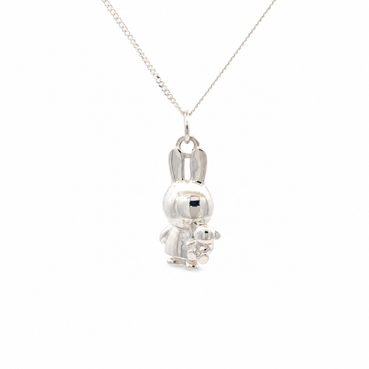 Sterling silver Miffy Holding Teddy Necklace featuring a detailed Miffy bunny pendant cuddling her little teddy bear on a silver chain.