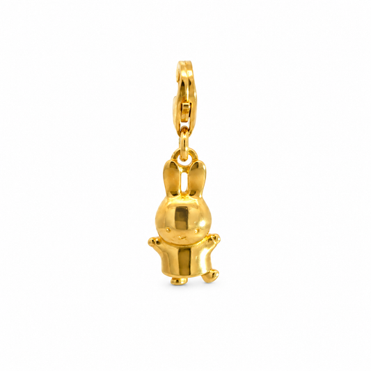 Miffy Jumping Clip-On Charm in 18ct gold vermeil featuring a 3D Miffy bunny with outstretched arms and a gold lobster clasp.