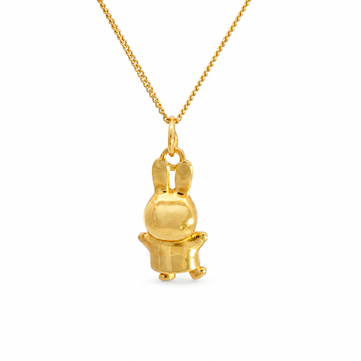 Miffy Jumping Necklace in 18ct gold vermeil featuring a playful 3D Miffy pendant with outstretched arms and one foot lifted, hanging from a gold chain.