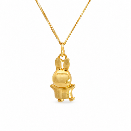 Miffy Jumping Necklace in 18ct gold vermeil featuring a playful 3D Miffy pendant with outstretched arms and one foot lifted, hanging from a gold chain.