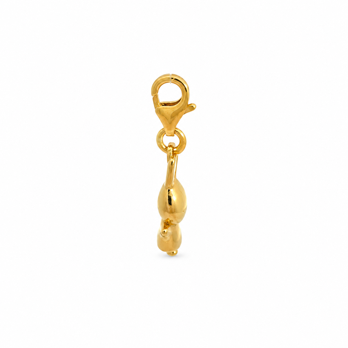 Alternative side view of the gold vermeil Miffy Jumping clip-on charm showing the lobster clasp, attachment ring and miniature Miffy design.