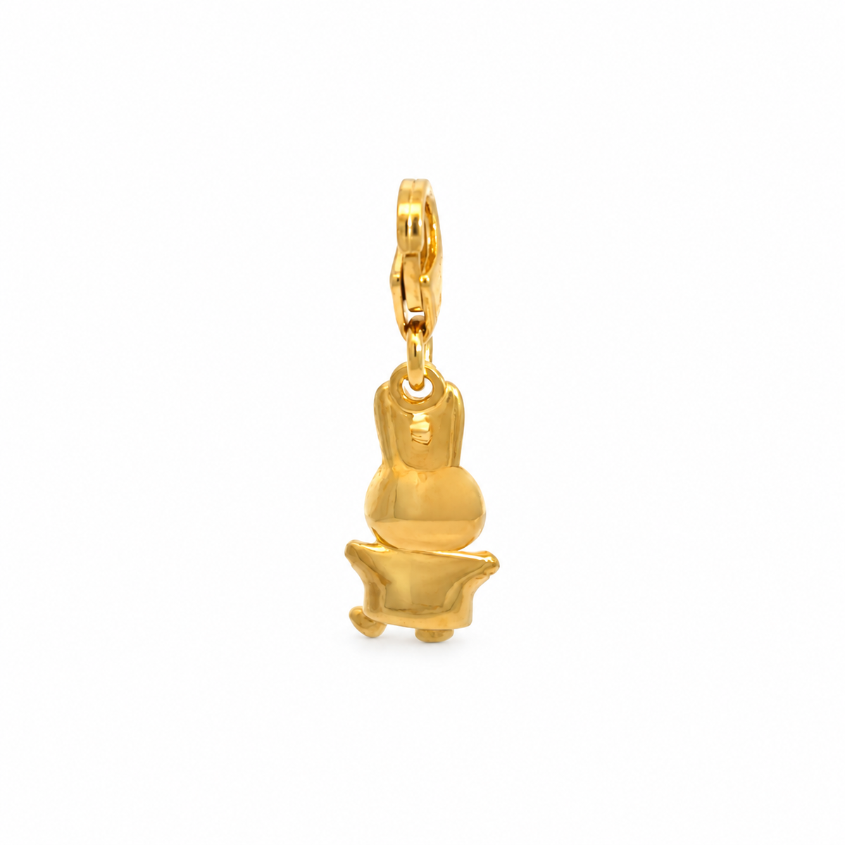 Front view of the gold vermeil Miffy Jumping Charm showing her signature long ears, playful jumping pose and tiny feet.
