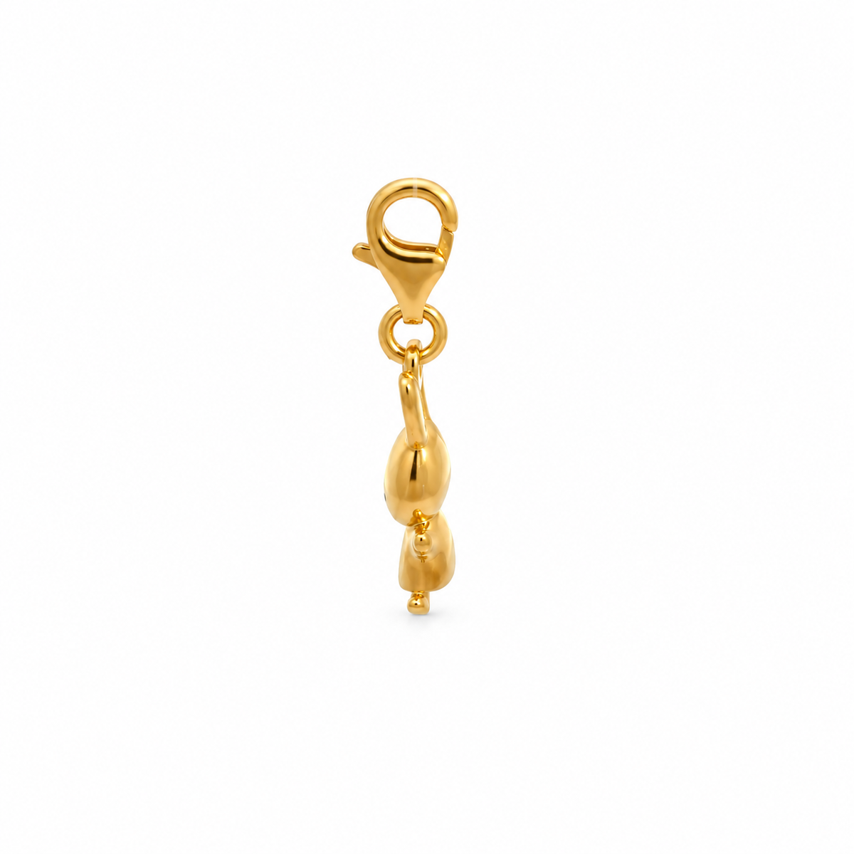 Side view of the Miffy Jumping charm in 18ct gold vermeil showing the slim profile of the 3D bunny pendant and clip-on fastening.