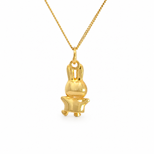 Back view of the Miffy Jumping Necklace in 18ct gold vermeil showing the delicate gold chain and miniature jumping Miffy pendant on a white background.