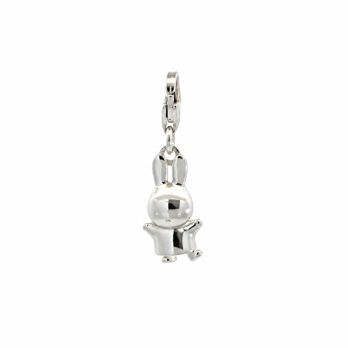 A polished silver Miffy clip-on charm shaped like a small rabbit or bunny, hanging from a matching silver clasp on a plain white background.