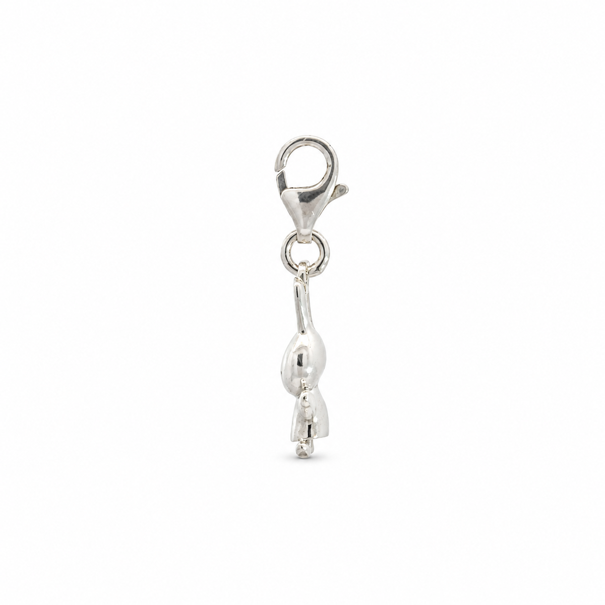 Side profile of the sterling silver Miffy Jumping clip-on charm showing the character's raised foot, slim 3D design and lobster clasp fastening.