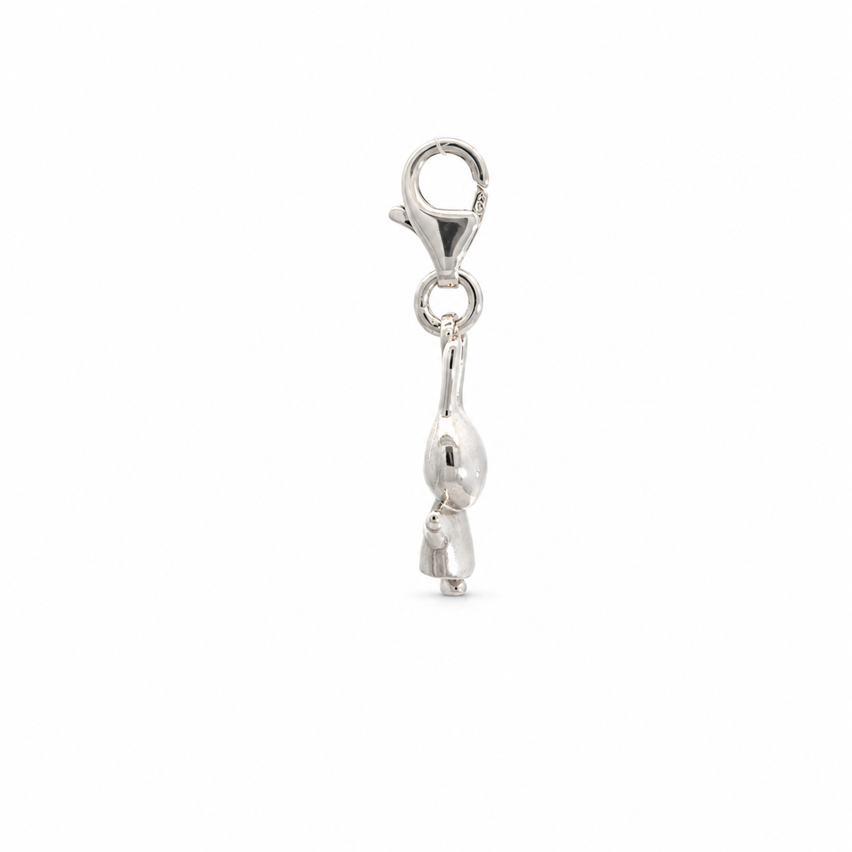 Full-length view of the Miffy Jumping sterling silver charm showing the miniature bunny suspended from its clip-on lobster clasp.