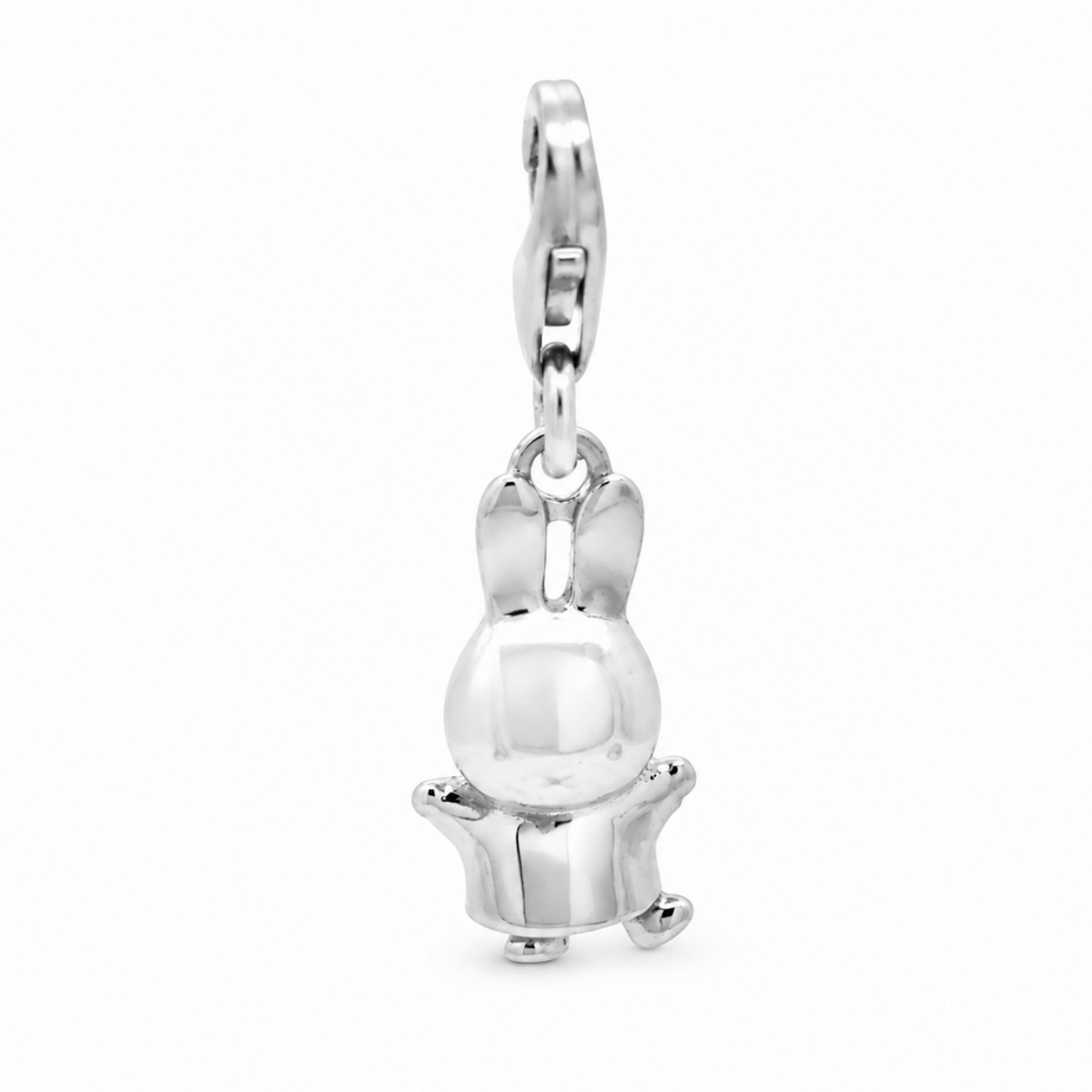 Miffy Jumping Clip-On Charm in sterling silver, featuring a 3D Miffy bunny with outstretched arms, one foot raised and a lobster clasp.