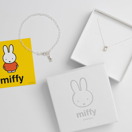 Miffy Charm Jewellery Gift Set in sterling silver, including a mini Miffy head necklace and bracelet. A charming gift for special occasions.