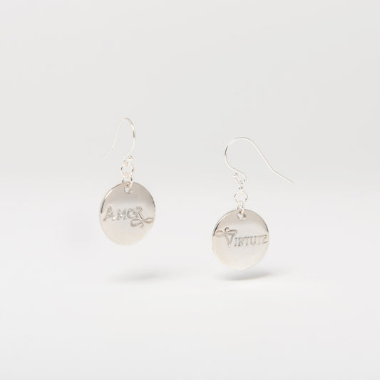 Amor et Virtute Drop Earrings in sterling silver, engraved with Ralegh’s motto "Love and Virtue," inspired by the National Portrait Gallery.