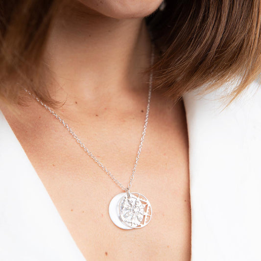 Lace Mother of Pearl Necklace in sterling silver, featuring a double-disc pendant with intricate lace detailing and a mother-of-pearl underlay.