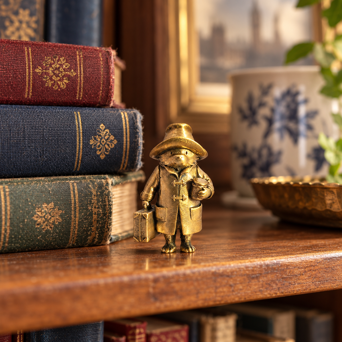 Miniature Paddington Bear bronze figurine displayed beside classic books on a wooden bookshelf