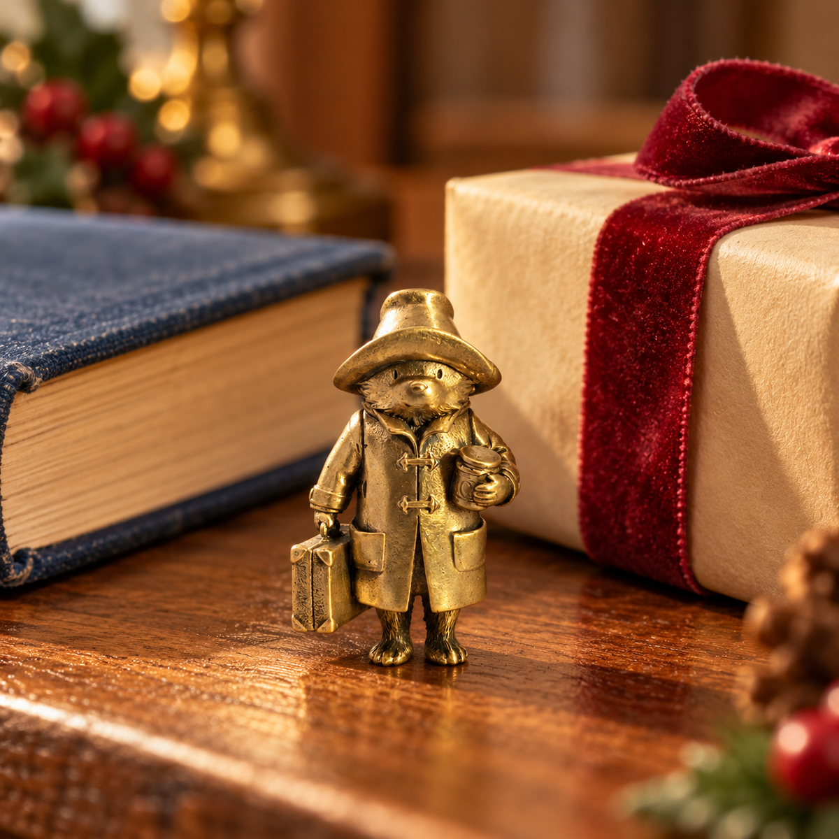 Miniature Paddington Bear bronze figurine styled with a wrapped gift and book for Christmas