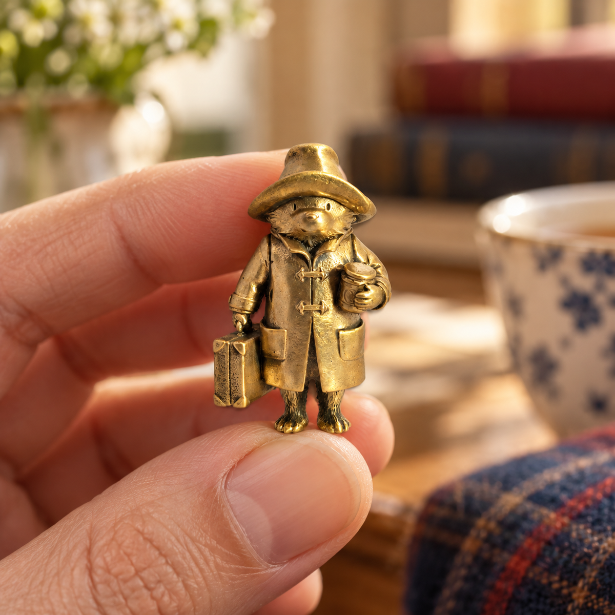 Miniature Paddington Bear bronze figurine held in hand showing its small collectible scale