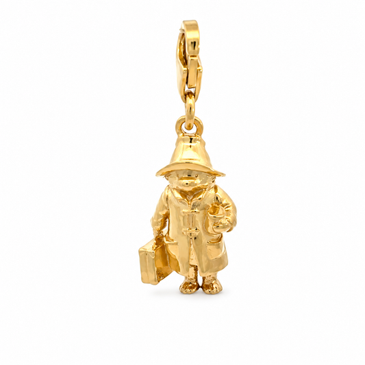Paddington Full Body Clip-On Charm in 18ct gold vermeil, featuring his iconic hat, duffle coat, suitcase and marmalade jar with a lobster clasp.