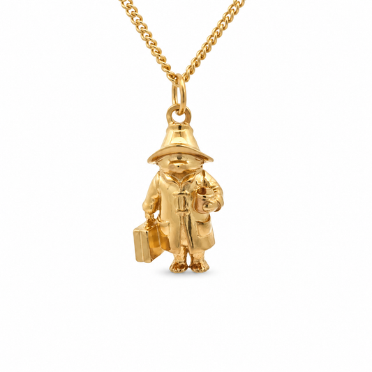 Paddington Full Body Necklace in 18ct gold vermeil featuring a detailed 3D pendant with his iconic hat, duffle coat, suitcase and marmalade jar