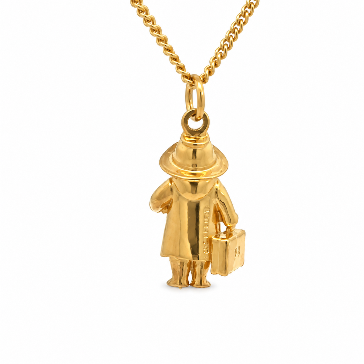 Back view of the gold vermeil Paddington pendant with his signature duffle coat, hat, suitcase and marmalade jar