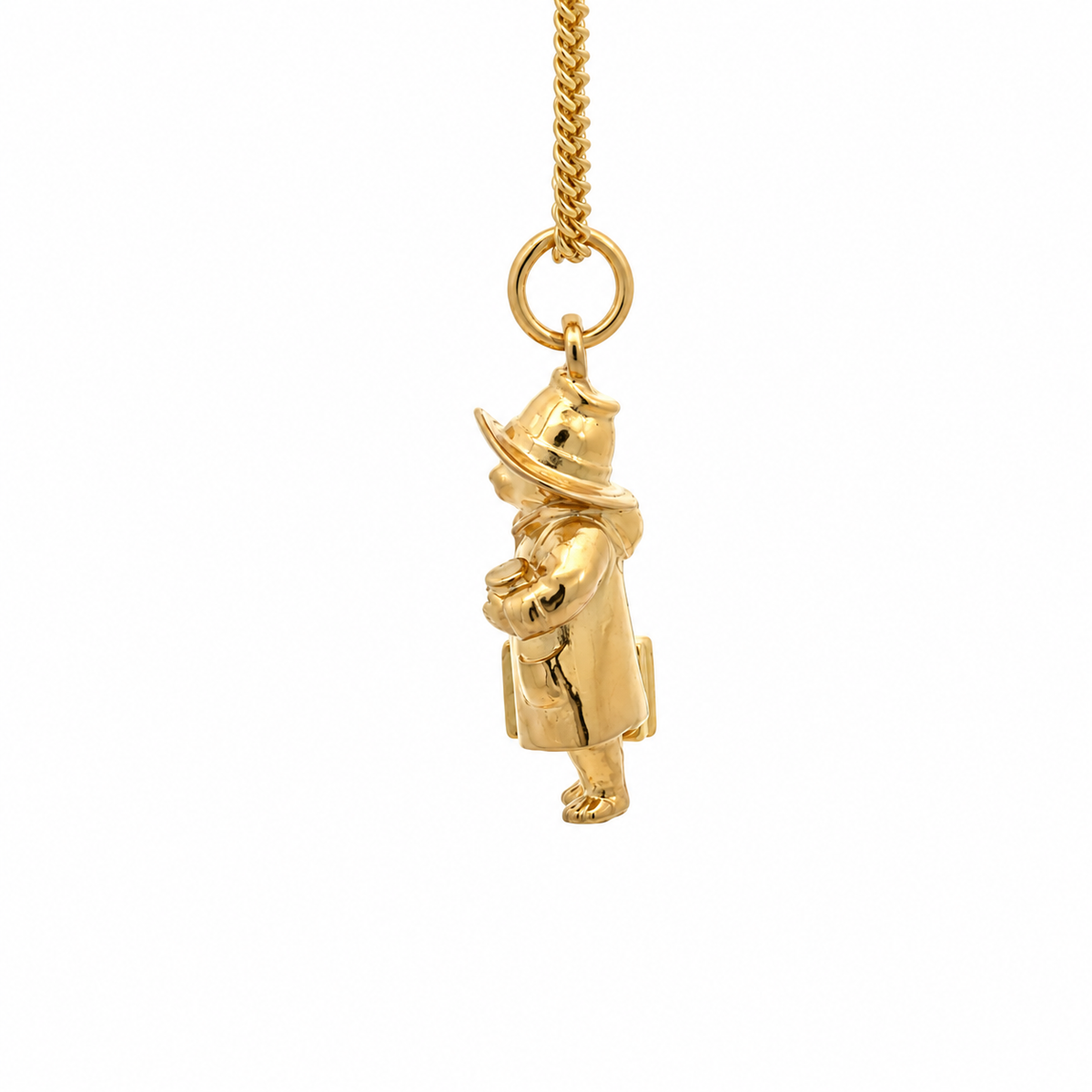 Side view of the Paddington Full Body Necklace in 18ct gold vermeil highlighting the three-dimensional character design