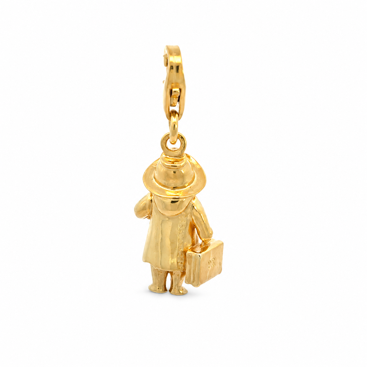 Alternative view of the 18ct gold vermeil Paddington clip-on charm showing the character design and polished gold finish.