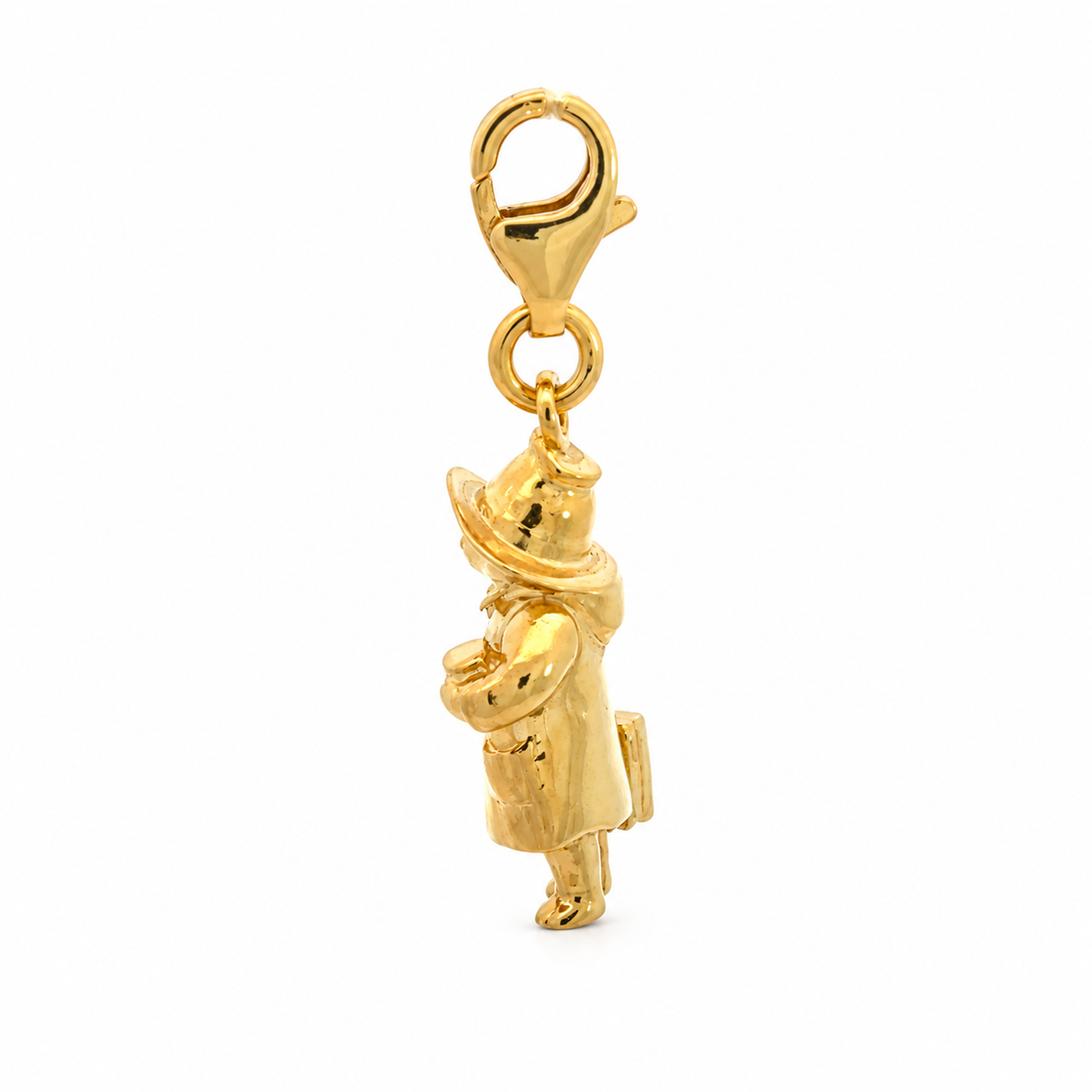 Side view of the Paddington Full Body Charm in gold vermeil showing the depth of the 3D miniature pendant and clip-on fastening.