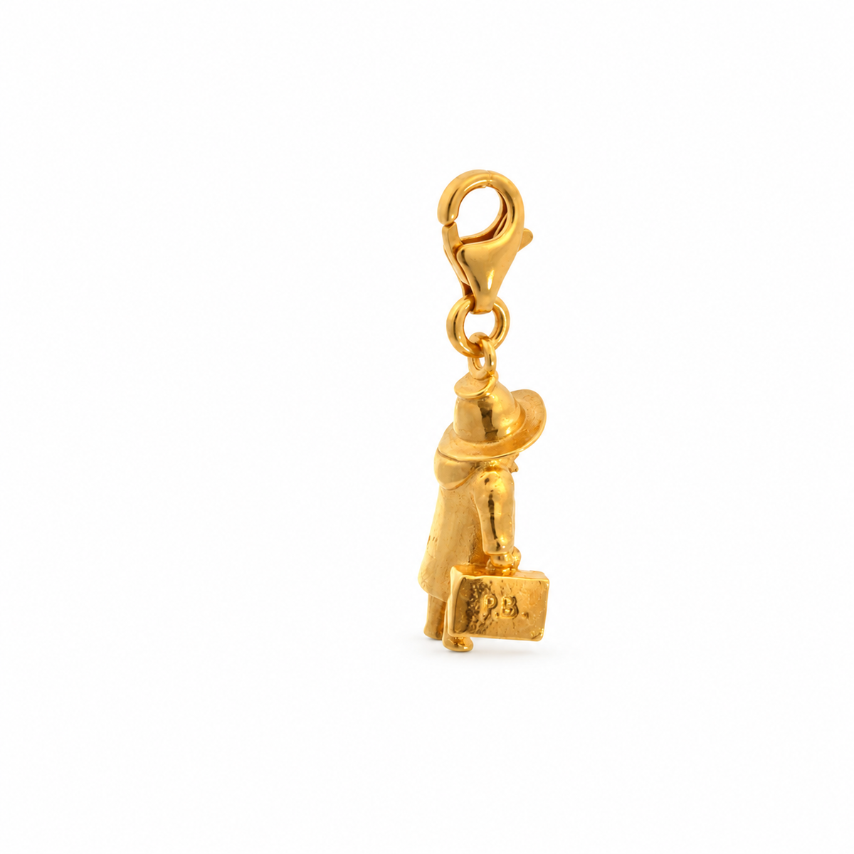 Full-length view of the Paddington gold vermeil charm showing the lobster clasp and miniature Paddington pendant.