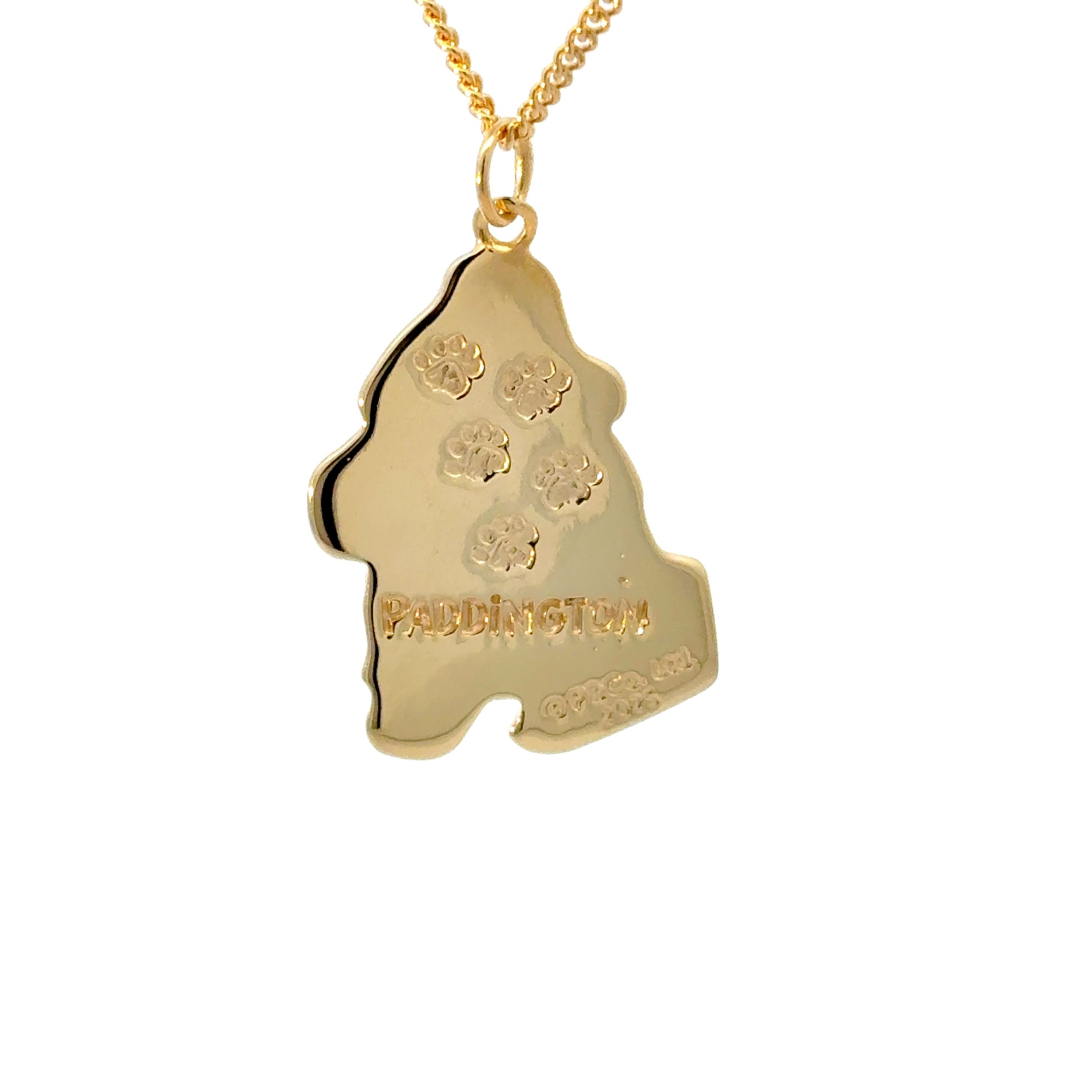 Reverse of Paddington™ Gold Vermeil Pendant showing engraved pawprints and official Paddington branding.