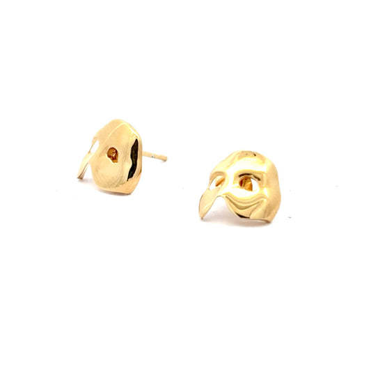 Phantom of the Opera mask stud earrings in 18ct gold vermeil on white background, handmade in the UK