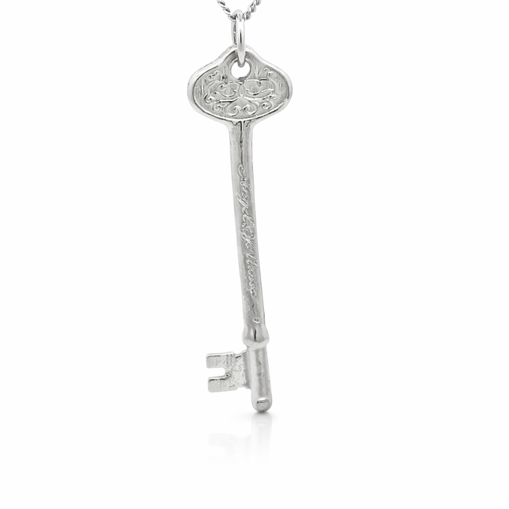 Licensed To Charm Phantom of the Opera Angel of Music key necklace close up in sterling silver, officially licensed and handmade in the UK