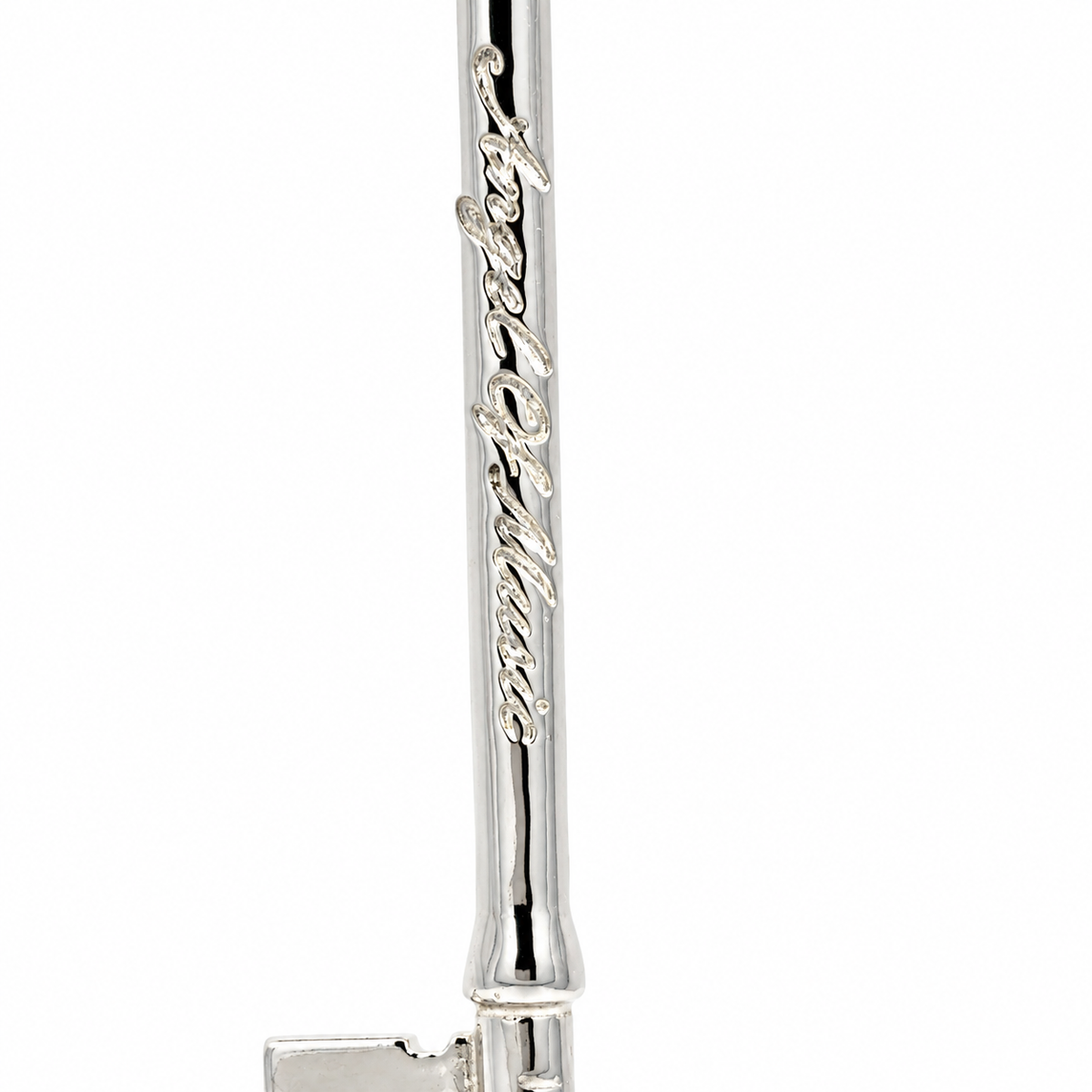 Close-up of Angel of Music engraving on the Phantom of the Opera hallmarked sterling silver key pendant