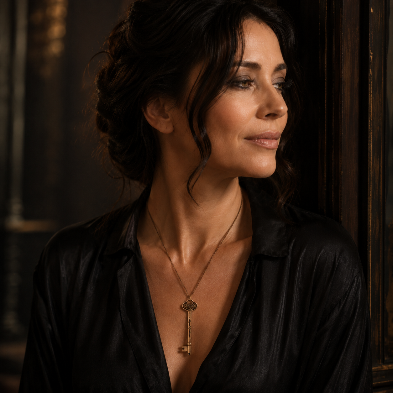 Editorial portrait of a woman wearing the Phantom of the Opera bronze key necklace in a refined, softly lit interior.