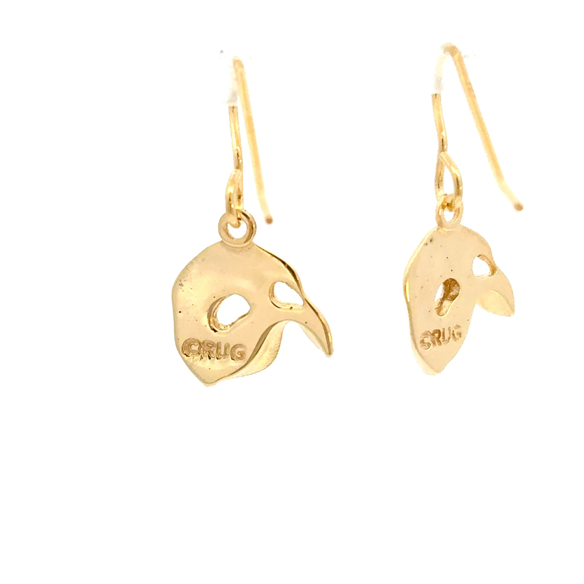 Reverse view of Phantom of the Opera gold vermeil mask earrings