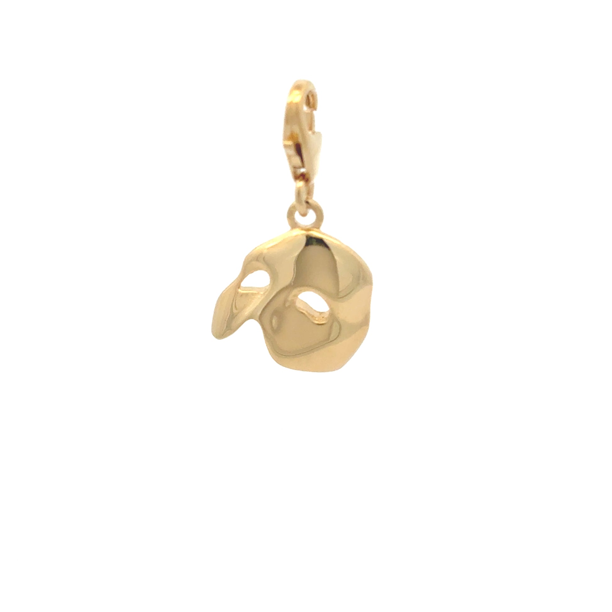 Licensed To Charm Phantom of the Opera 18ct gold vermeil mask charm on white background with clip-on clasp, handmade in the UK