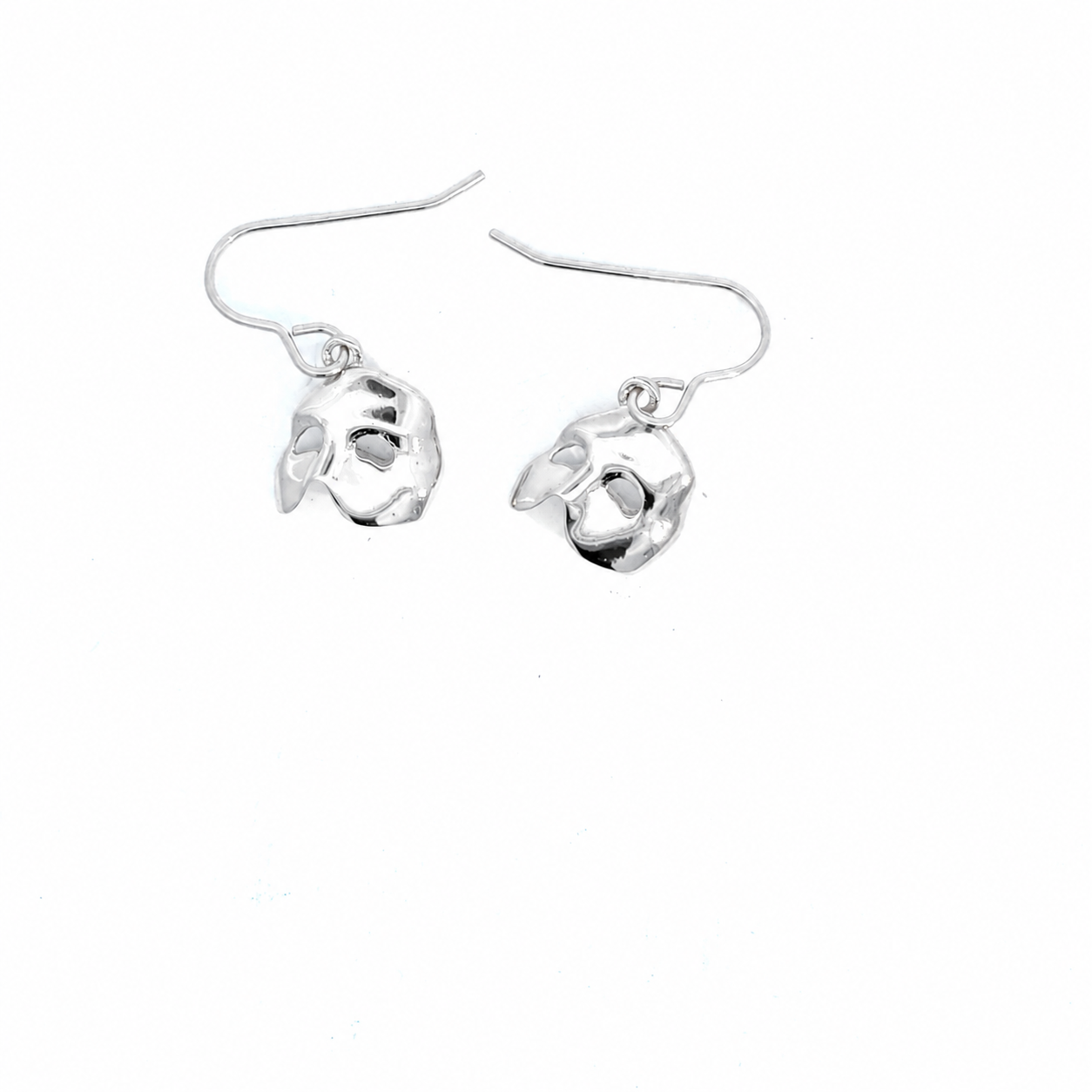 The Phantom of the Opera mask drop earrings in sterling silver on a white background