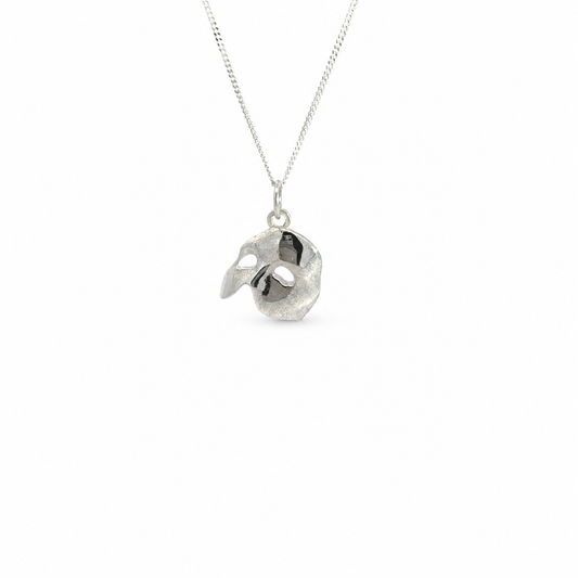 Silver Phantom of the Opera mask necklace on a fine silver chain, photographed on a white background.