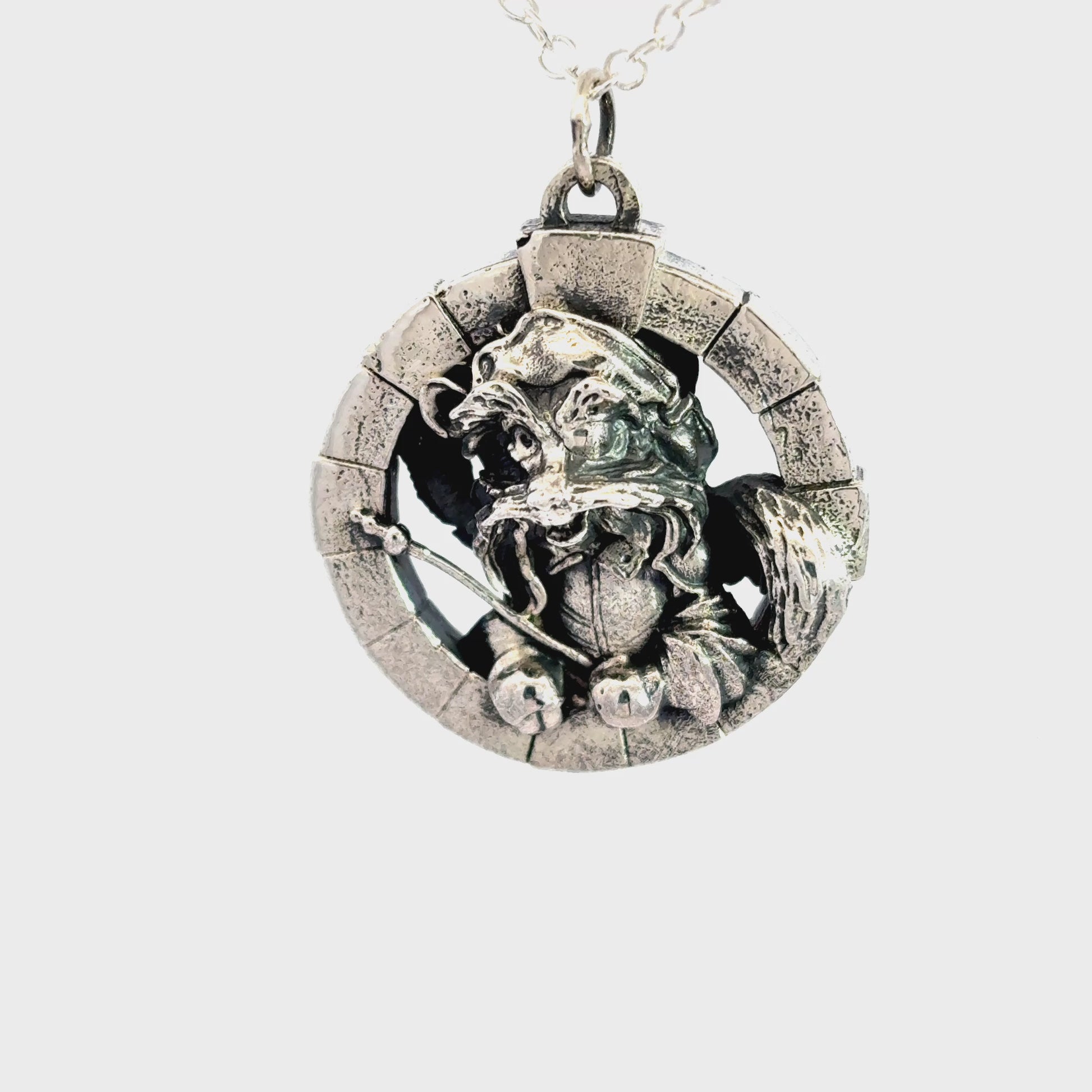 Official Labyrinth Sir Didymus sterling silver necklace video turnaround inspired by the 1986 Labyrinth film, handmade in the UK and presented on a trace chain.