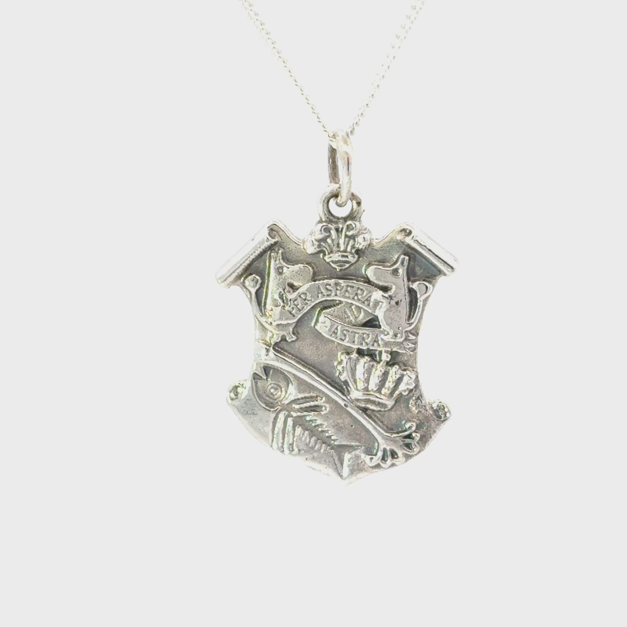 Licensed To Charm Close-up of the Moomin Crest pendant on a fine sterling silver chain, handmade in the UK 360 turnaround