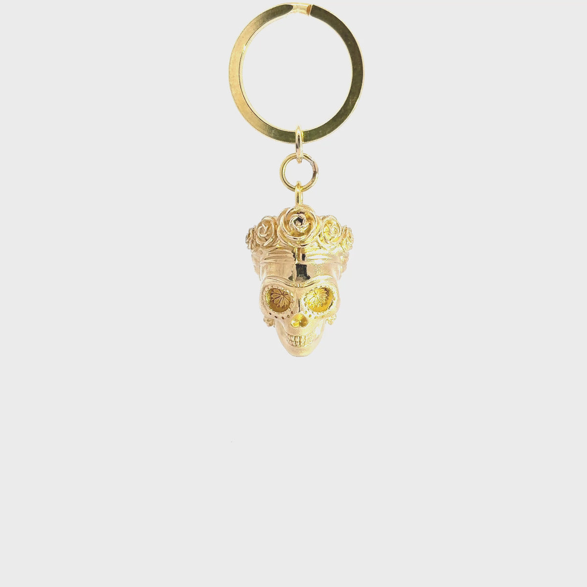Frida Kahlo skull brass keyring and bag charm handmade in the UK turnaround showing everydetail